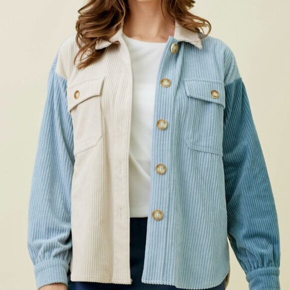 MYSTREEE HIGH & LOW COLOUR BLOCK CORDUROY SHACKET - Picture 1 of 7